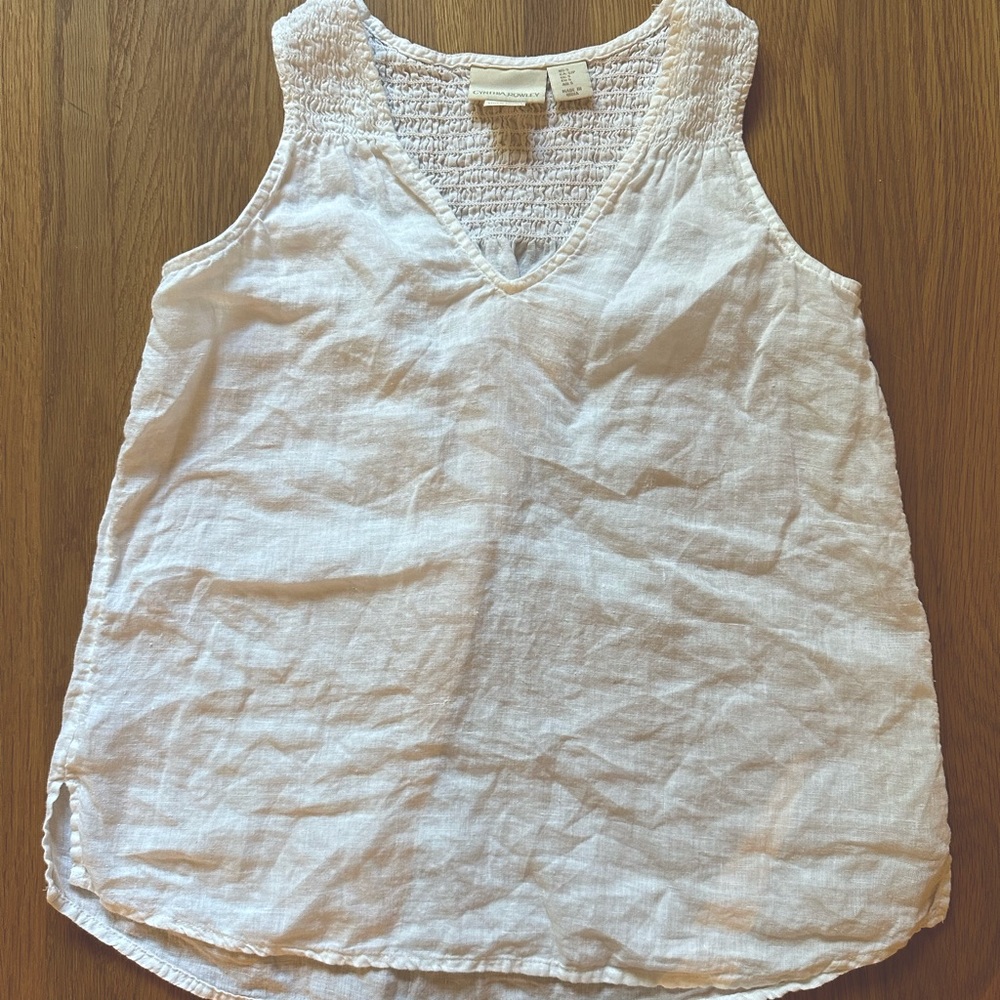 Cynthia Rowley white linen tank shirred yoke